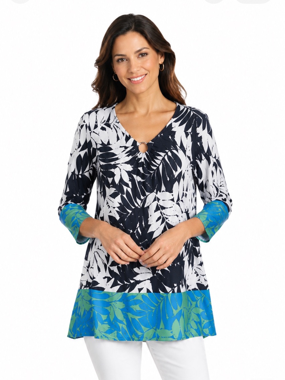 *NWT* Ruby Rd. Black & White Tropical Print Trim Tunic Top - Size XL